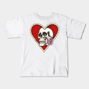 Skull with Rose in a Heart Shaped Hole Kids T-Shirt